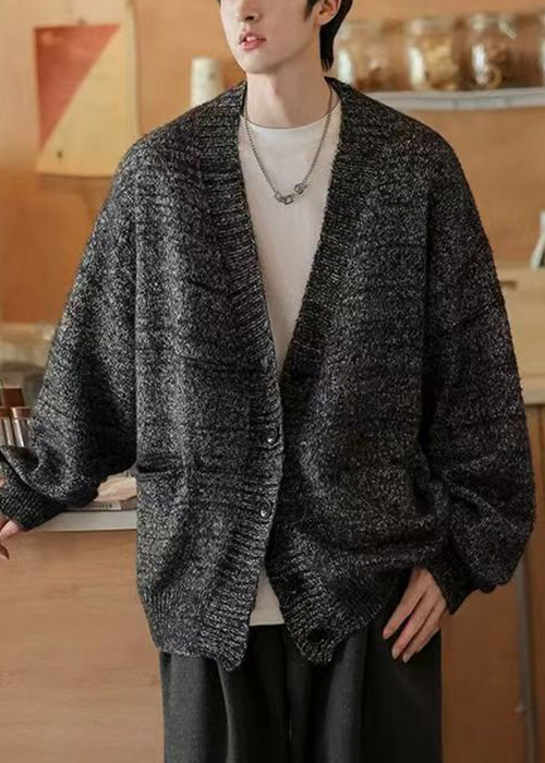 Spring Cardigans Simple Pockets Neck V Gray Knit Dark