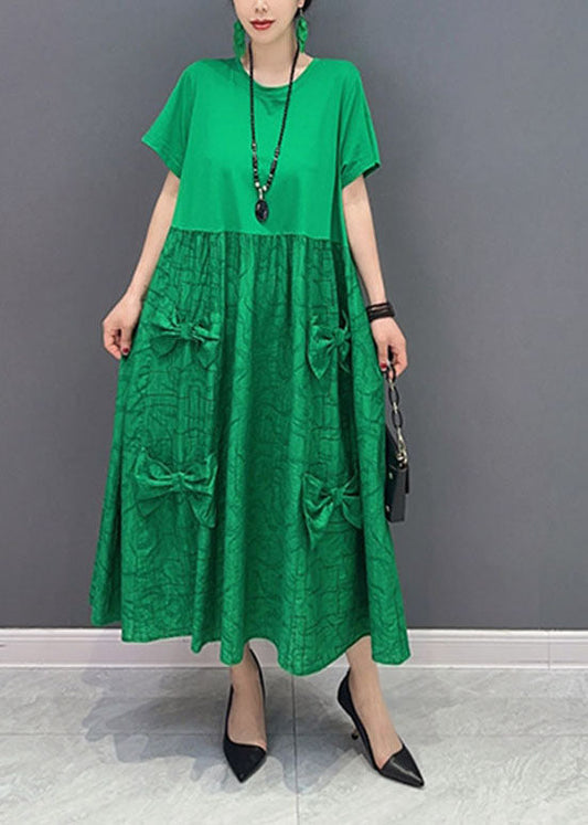 Simple Green O-neck Patchwork Jacquard Cotton Long Dresses Summer Ly1572