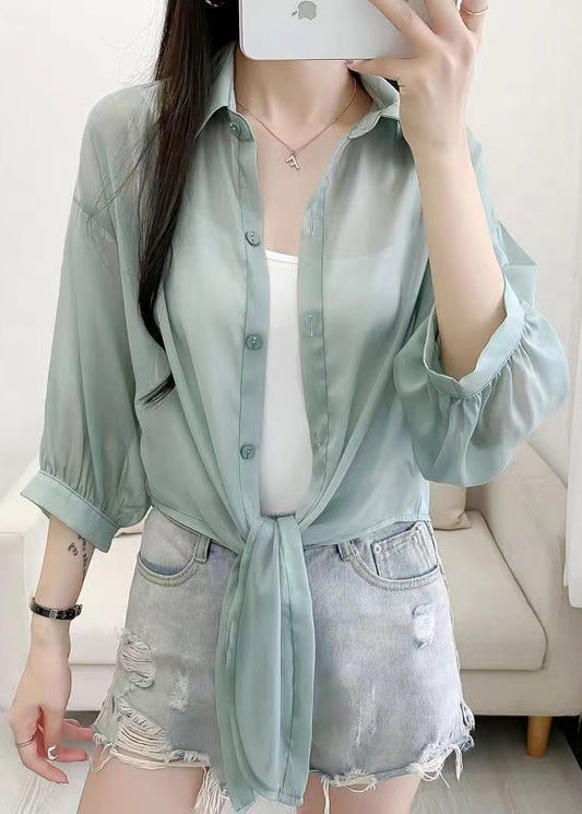 Simple Green Peter Pan Collar Cotton Shirt Cardigans Summer As1016