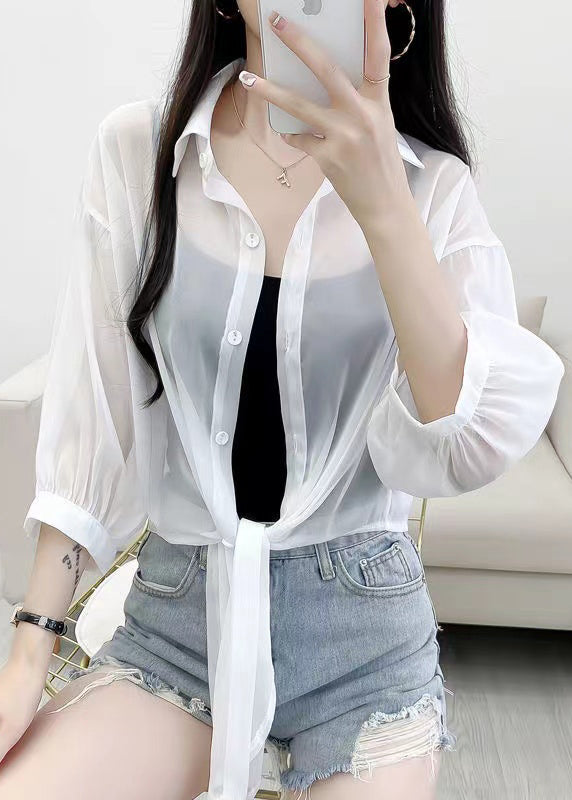 Simple Green Peter Pan Collar Cotton Shirt Cardigans Summer As1016