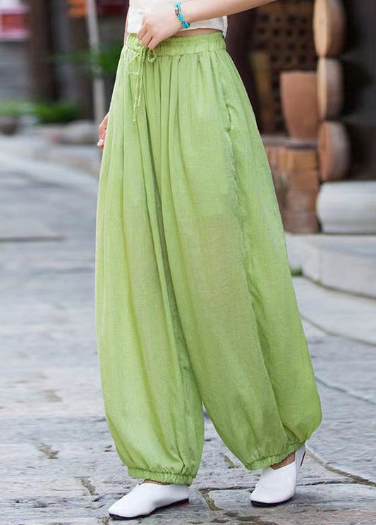 Simple Green Pockets Elastic Waist Linen Beam Pants Summer Qe023