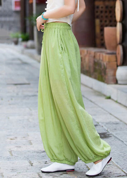Simple Green Pockets Elastic Waist Linen Beam Pants Summer Qe023