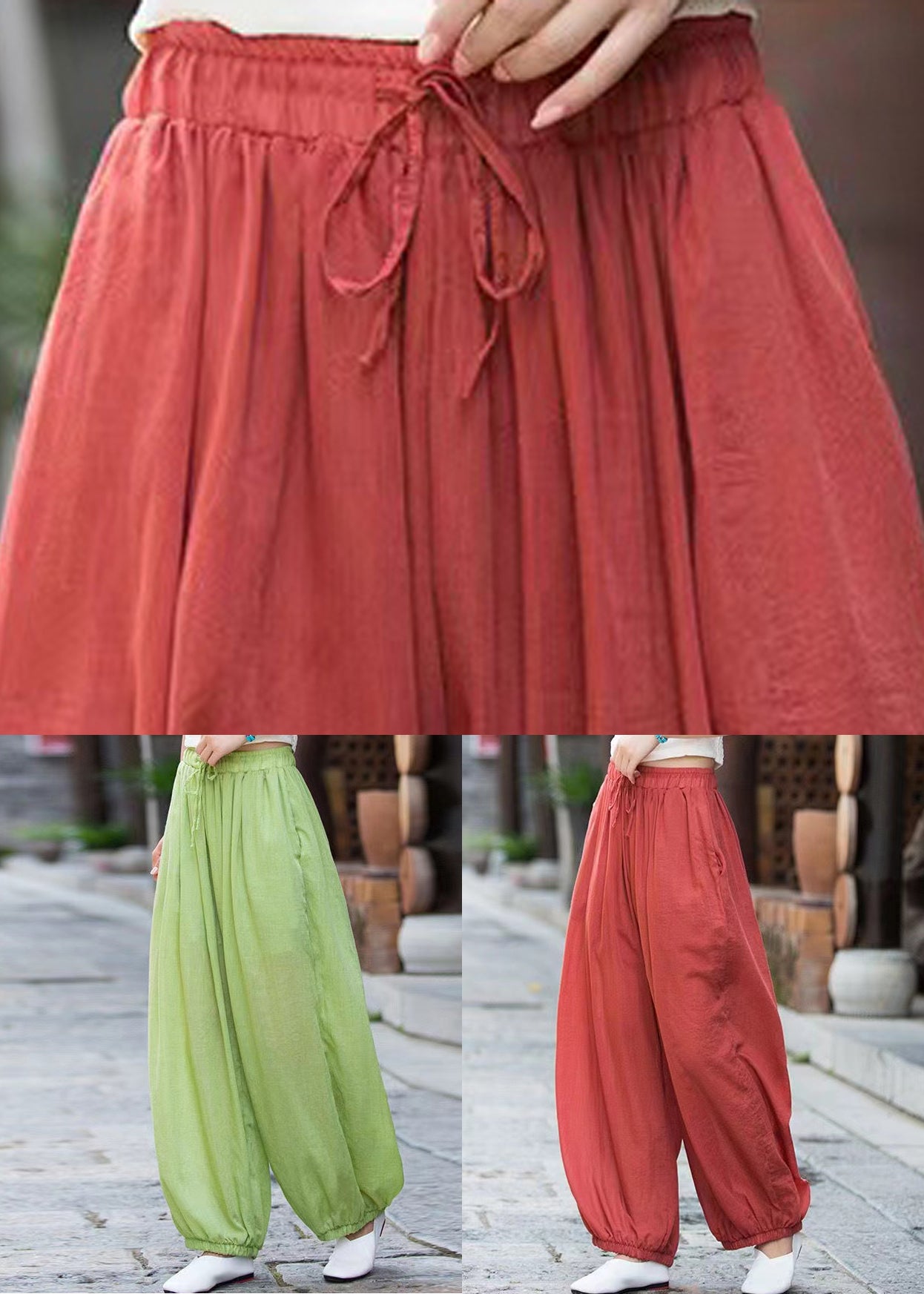 Simple Green Pockets Elastic Waist Linen Beam Pants Summer Qe023