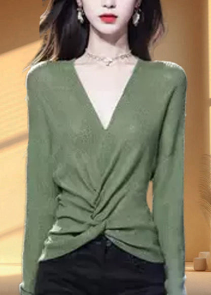 Simple Green V Neck Cozy Knit Sweater Fall Wq035