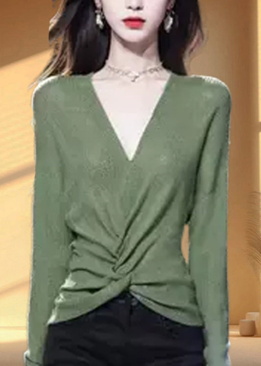 Simple Green V Neck Cozy Knit Sweater Fall Wq035