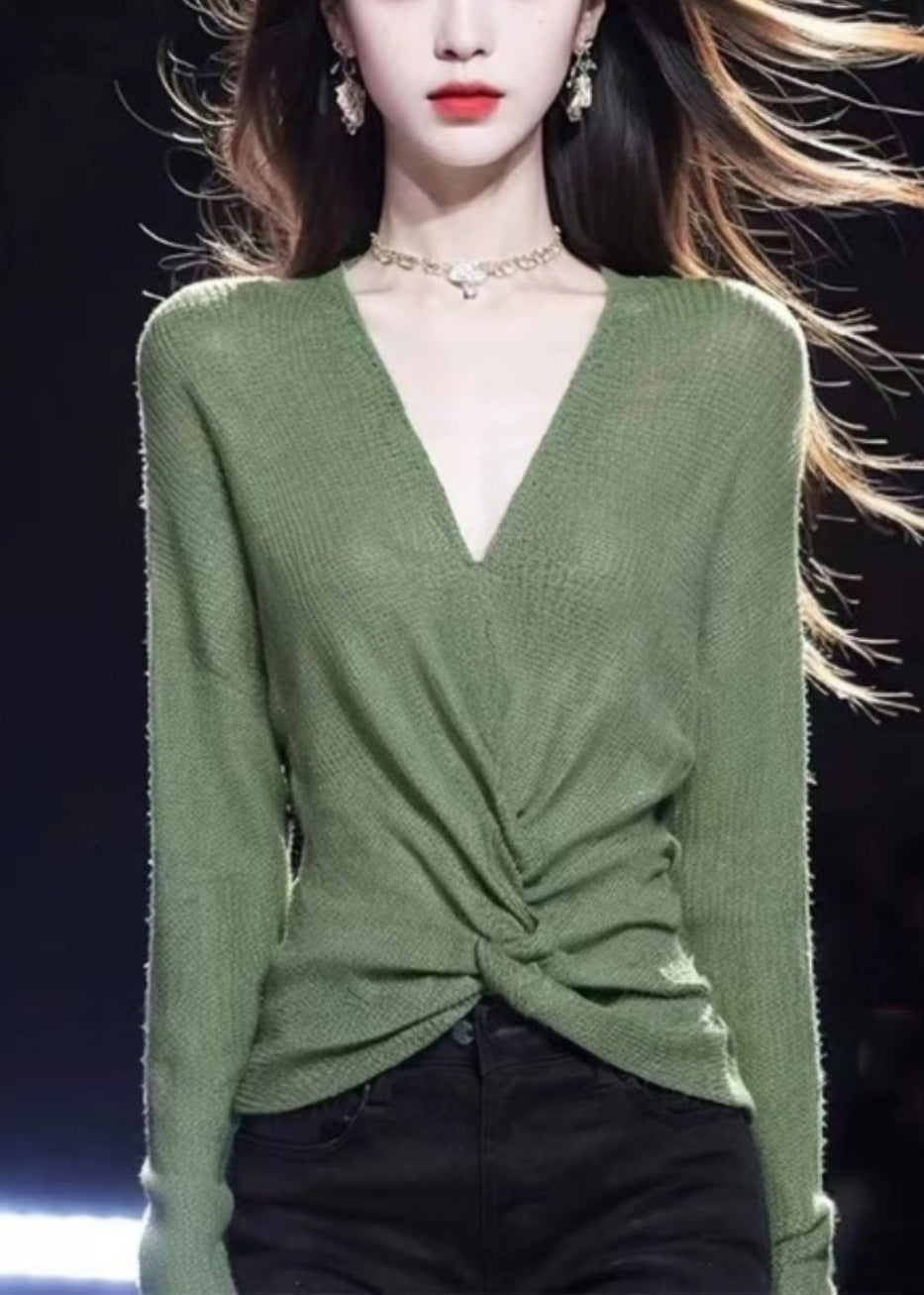 Simple Green V Neck Cozy Knit Sweater Fall Wq035