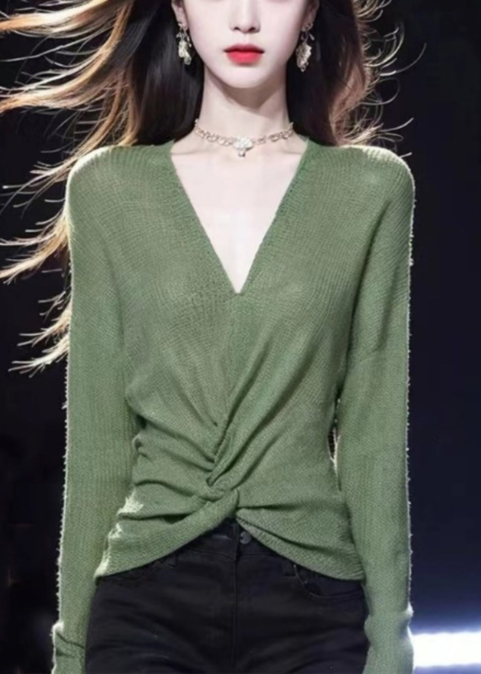 Simple Green V Neck Cozy Knit Sweater Fall Wq035