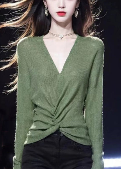 Simple Green V Neck Cozy Knit Sweater Fall Wq035