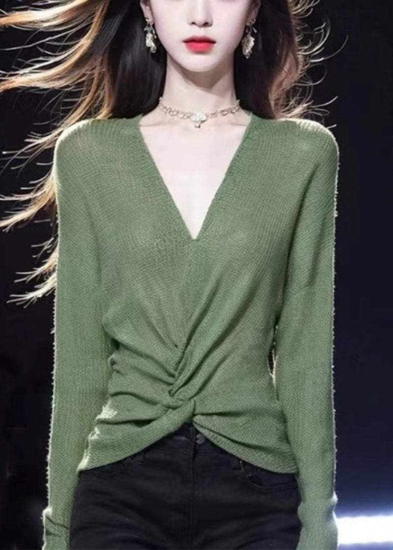Simple Green V Neck Cozy Knit Sweater Fall Wq035