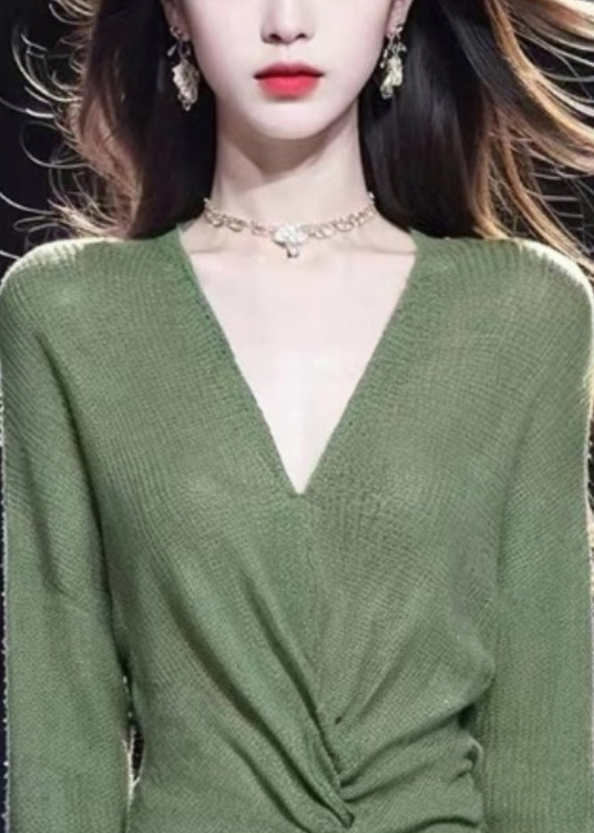 Simple Green V Neck Cozy Knit Sweater Fall Wq035