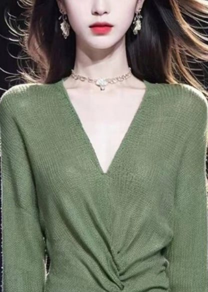Simple Green V Neck Cozy Knit Sweater Fall Wq035