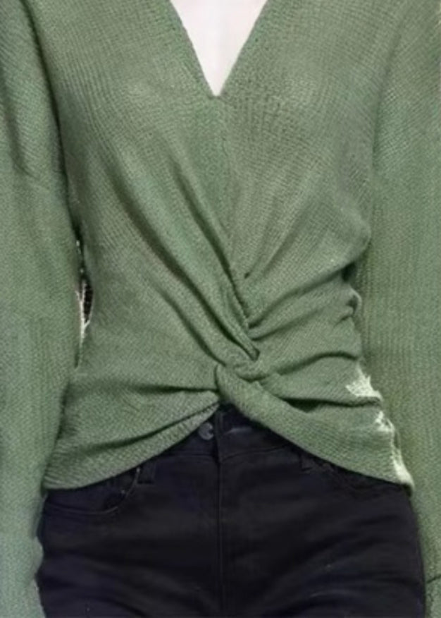 Simple Green V Neck Cozy Knit Sweater Fall Wq035