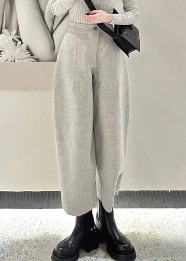 Simple Grey Button High Waist Woolen Crop Pants Winter Rf021
