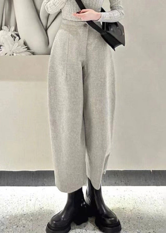 Simple Grey Button High Waist Woolen Crop Pants Winter Rf021