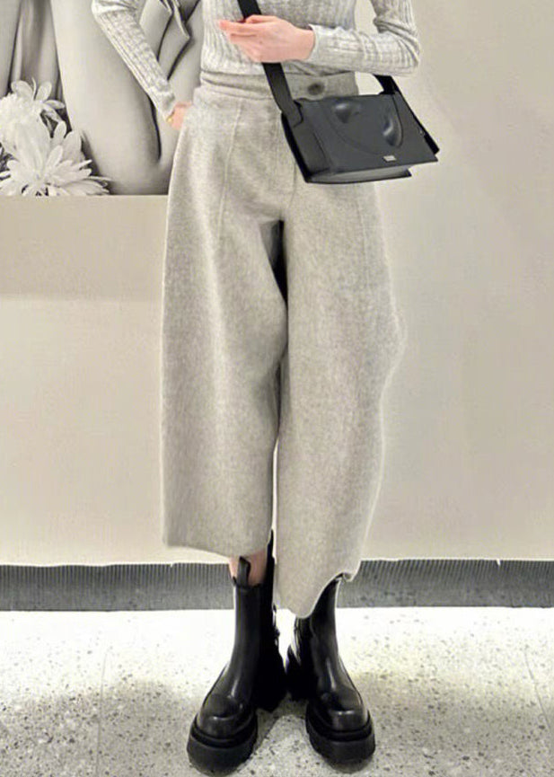 Simple Grey Button High Waist Woolen Crop Pants Winter Rf021
