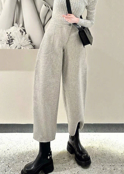Simple Grey Button High Waist Woolen Crop Pants Winter Rf021