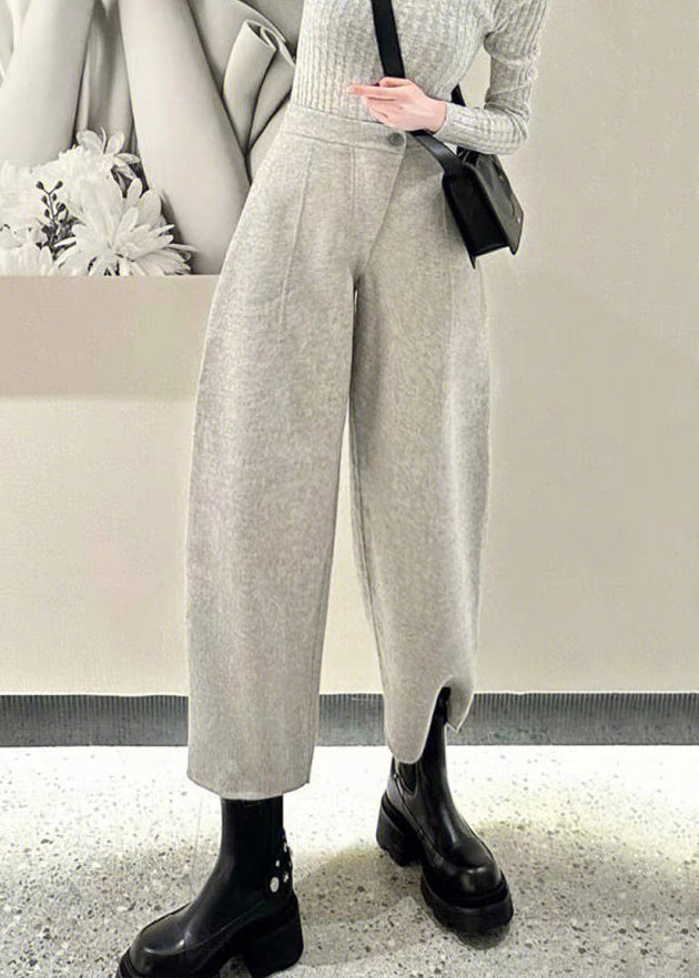 Simple Grey Button High Waist Woolen Crop Pants Winter Rf021