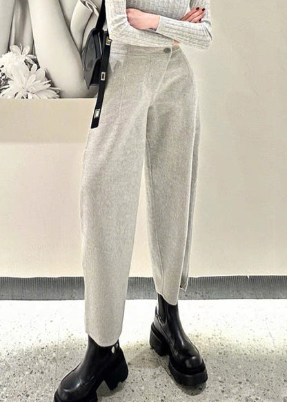 Simple Grey Button High Waist Woolen Crop Pants Winter Rf021