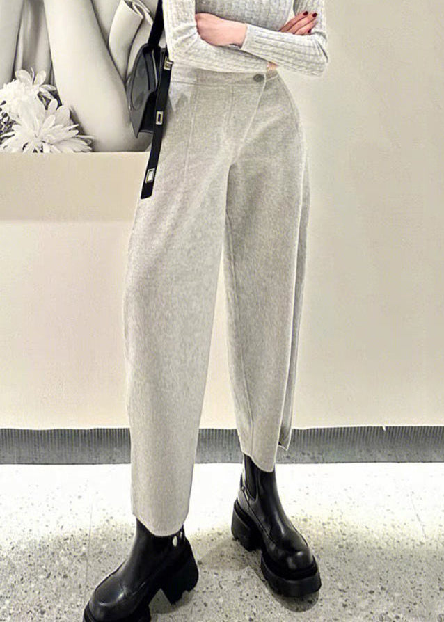 Simple Grey Button High Waist Woolen Crop Pants Winter Rf021
