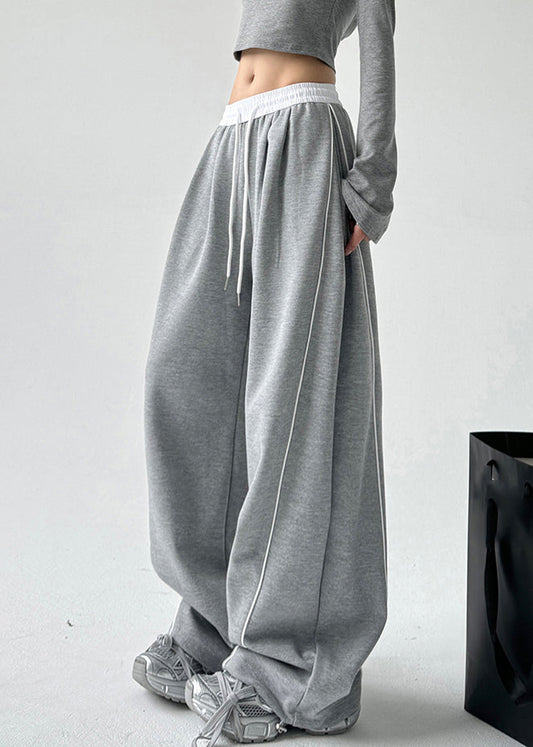 Simple Grey Elastic Waist Drawstring Wide Leg Pants Spring Ta047