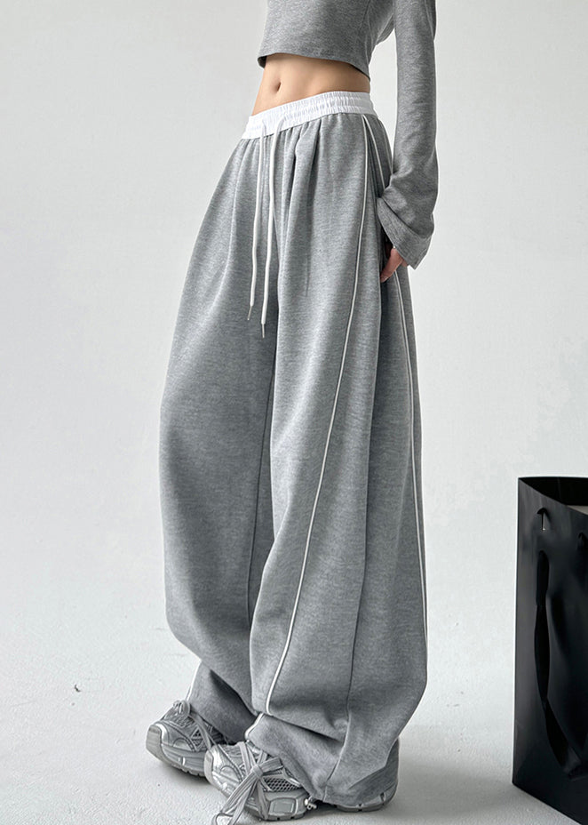 Simple Grey Elastic Waist Drawstring Wide Leg Pants Spring Ta047