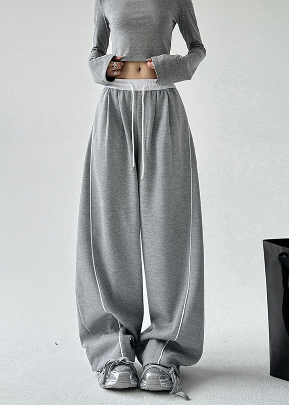 Simple Grey Elastic Waist Drawstring Wide Leg Pants Spring Ta047