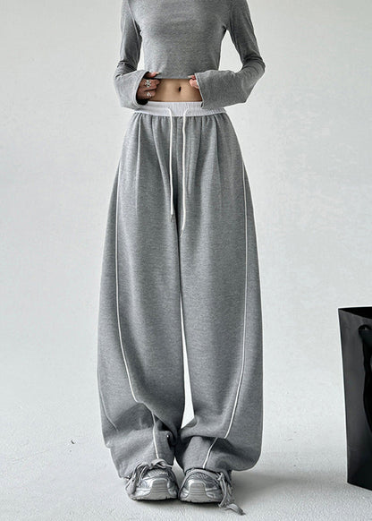 Simple Grey Elastic Waist Drawstring Wide Leg Pants Spring Ta047