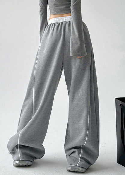 Simple Grey Elastic Waist Drawstring Wide Leg Pants Spring Ta047