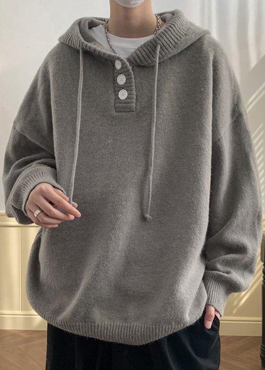 Simple Grey Hooded Button Knit Sweaters Winter Rp063