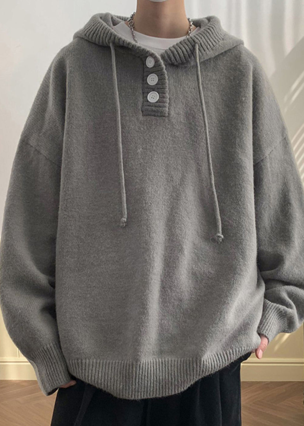 Simple Grey Hooded Button Knit Sweaters Winter Rp063