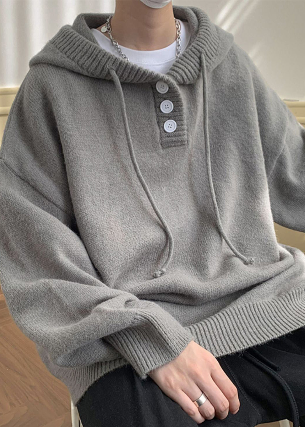 Simple Grey Hooded Button Knit Sweaters Winter Rp063