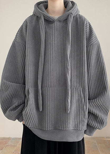 Simple Grey Hooded Pockets Thick Corduroy Sweatshirts Winter Rp054