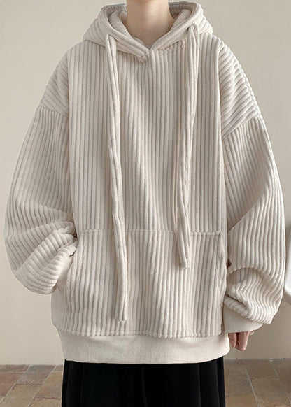 Simple Grey Hooded Pockets Thick Corduroy Sweatshirts Winter Rp054