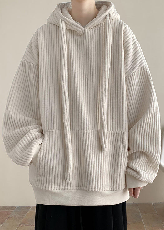 Simple Grey Hooded Pockets Thick Corduroy Sweatshirts Winter Rp054