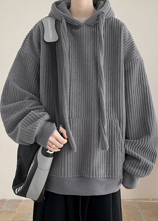 Simple Grey Hooded Pockets Thick Corduroy Sweatshirts Winter Rp054
