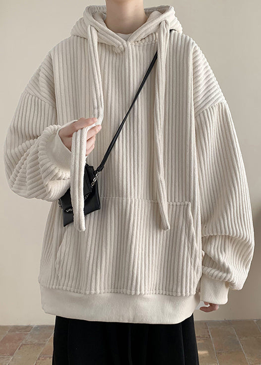 Simple Grey Hooded Pockets Thick Corduroy Sweatshirts Winter Rp054