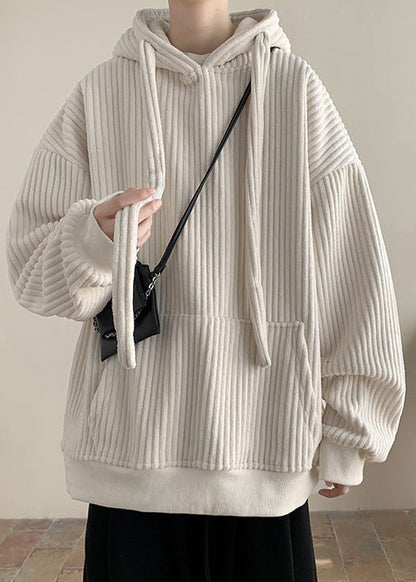 Simple Grey Hooded Pockets Thick Corduroy Sweatshirts Winter Rp054