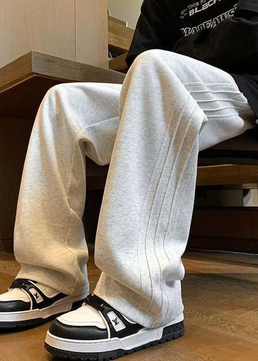 Simple Grey Lace Up Elastic Waist Warm Fleece Pants Spring Rm043