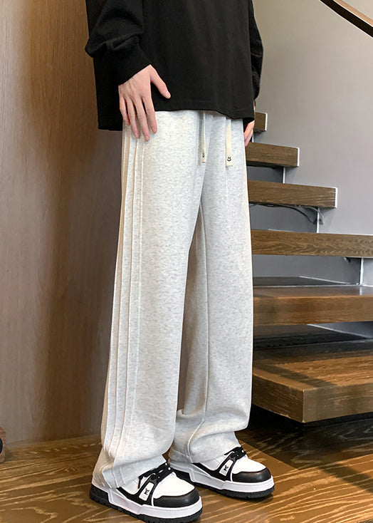 Simple Grey Lace Up Elastic Waist Warm Fleece Pants Spring Rm043