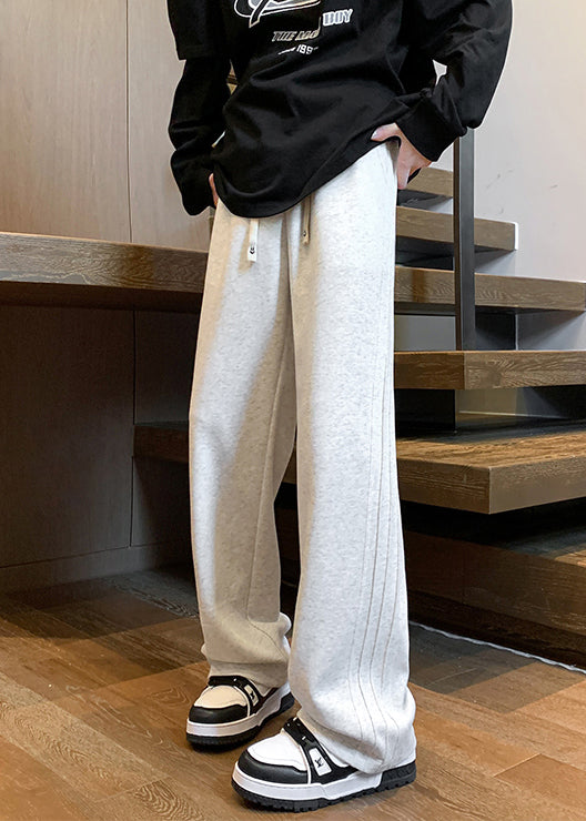 Simple Grey Lace Up Elastic Waist Warm Fleece Pants Spring Rm043