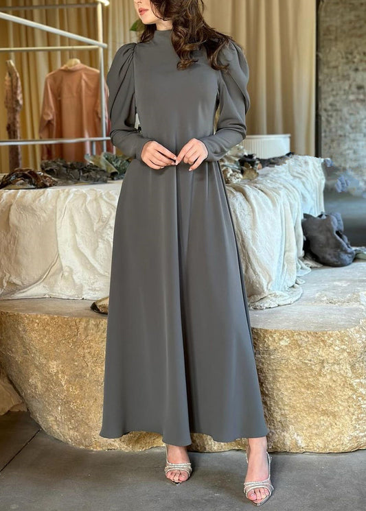 Simple Grey High Waist Cotton Long Dresses Fall Ql013