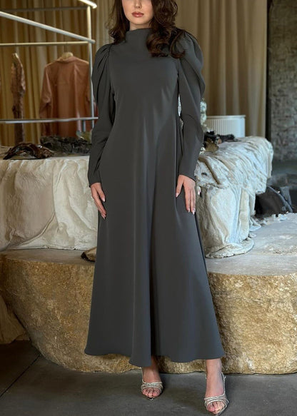 Simple Grey High Waist Cotton Long Dresses Fall Ql013