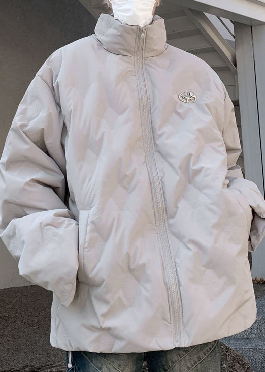 Simple Grey Stand Collar Zip Up Duck Down Coat Winter Wl010