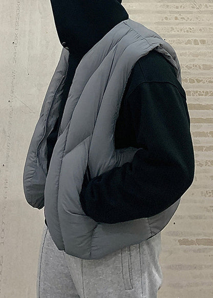 Simple Grey Zip Up Pockets Cotton Filled Waistcoat Sleeveless Rn002