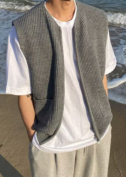 Simple Grey Zip Up Pockets Knit Waistcoat Sleeveless Rj032