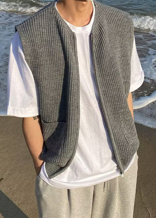 Simple Grey Zip Up Pockets Knit Waistcoat Sleeveless Rj032