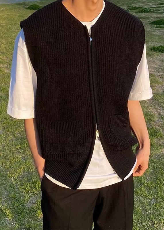 Simple Grey Zip Up Pockets Knit Waistcoat Sleeveless Rj032