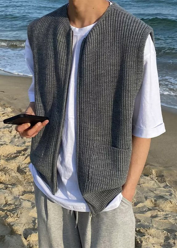 Simple Grey Zip Up Pockets Knit Waistcoat Sleeveless Rj032