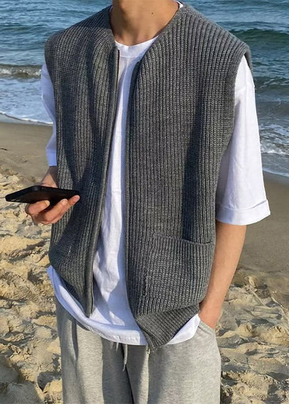 Simple Grey Zip Up Pockets Knit Waistcoat Sleeveless Rj032