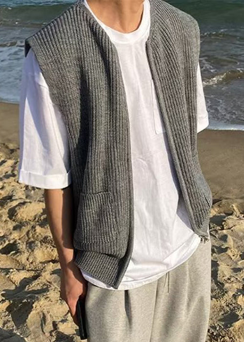 Simple Grey Zip Up Pockets Knit Waistcoat Sleeveless Rj032